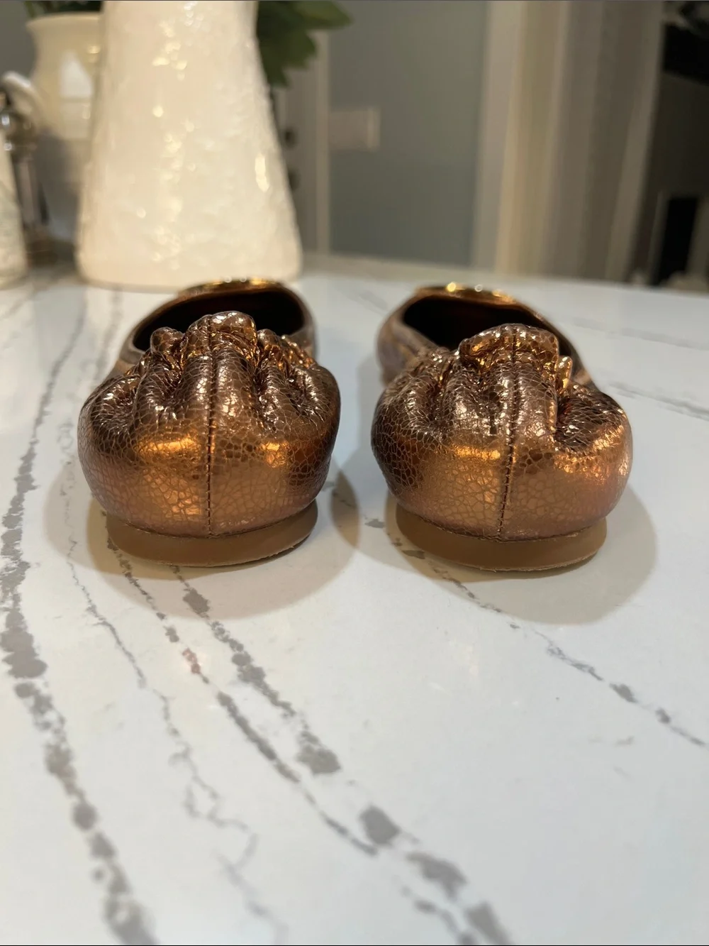 Tory Burch Reva Bronze Metallic Logo Ballet Flats Crackle Leather size 8.5